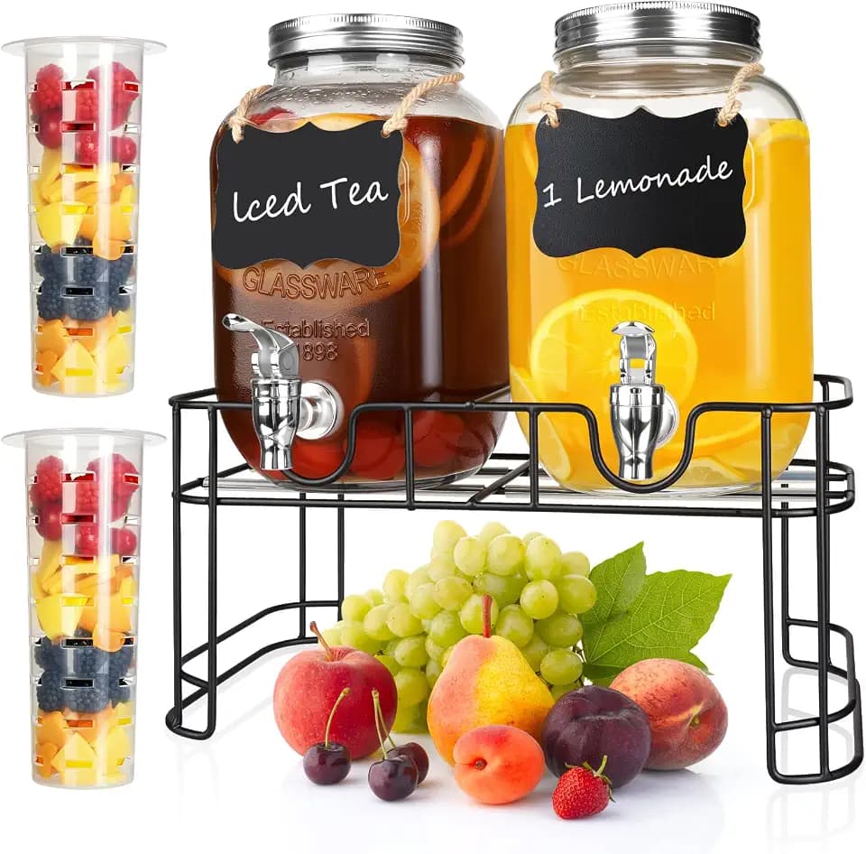 1 Gallon Glass Beverage Dispenser Jars, (2 Jars) Ice Juice Dispenser