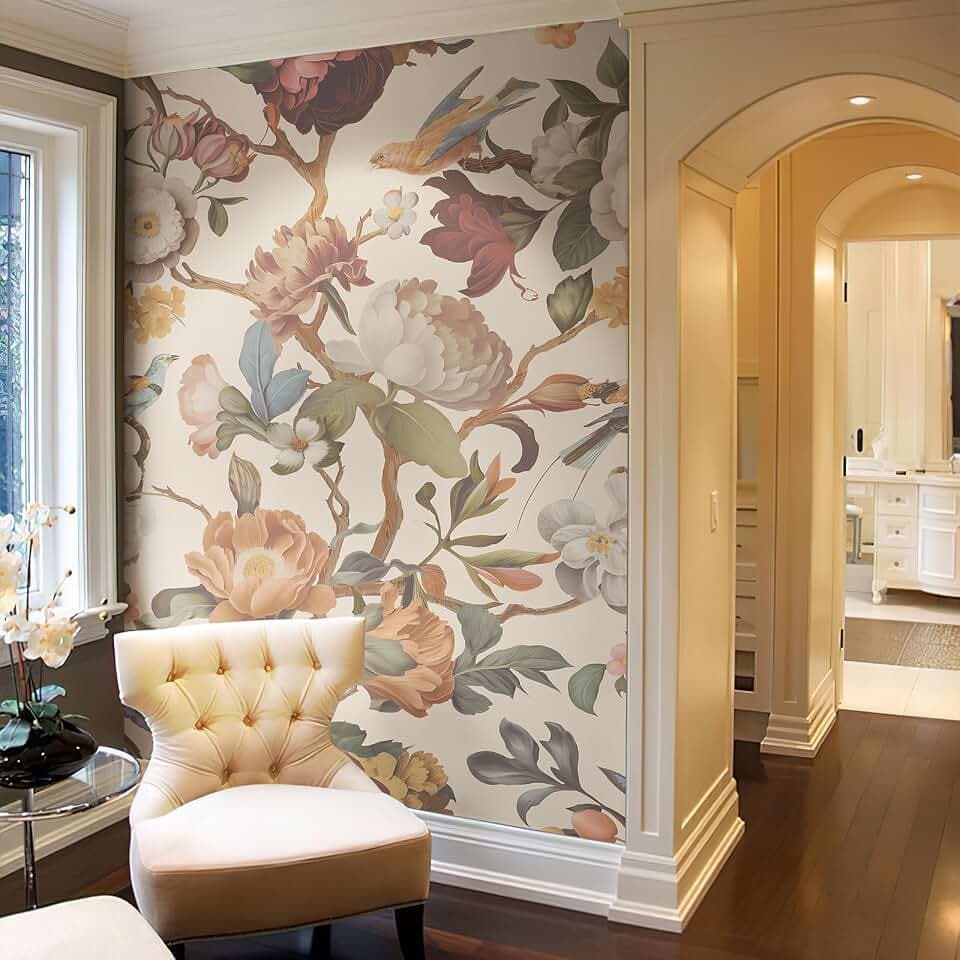 Zeeko Vintage Beige Floral Peel and Stick Wallpaper Mural, 98" x 59"