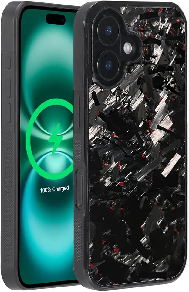 Grip Series for iPhone 16 Case with Real Forged Carbon Fiber, Grippy Edges Design, Built-in Magnets, Compatible with MagSafe Chargers and Accessories, Glossy Black/Red