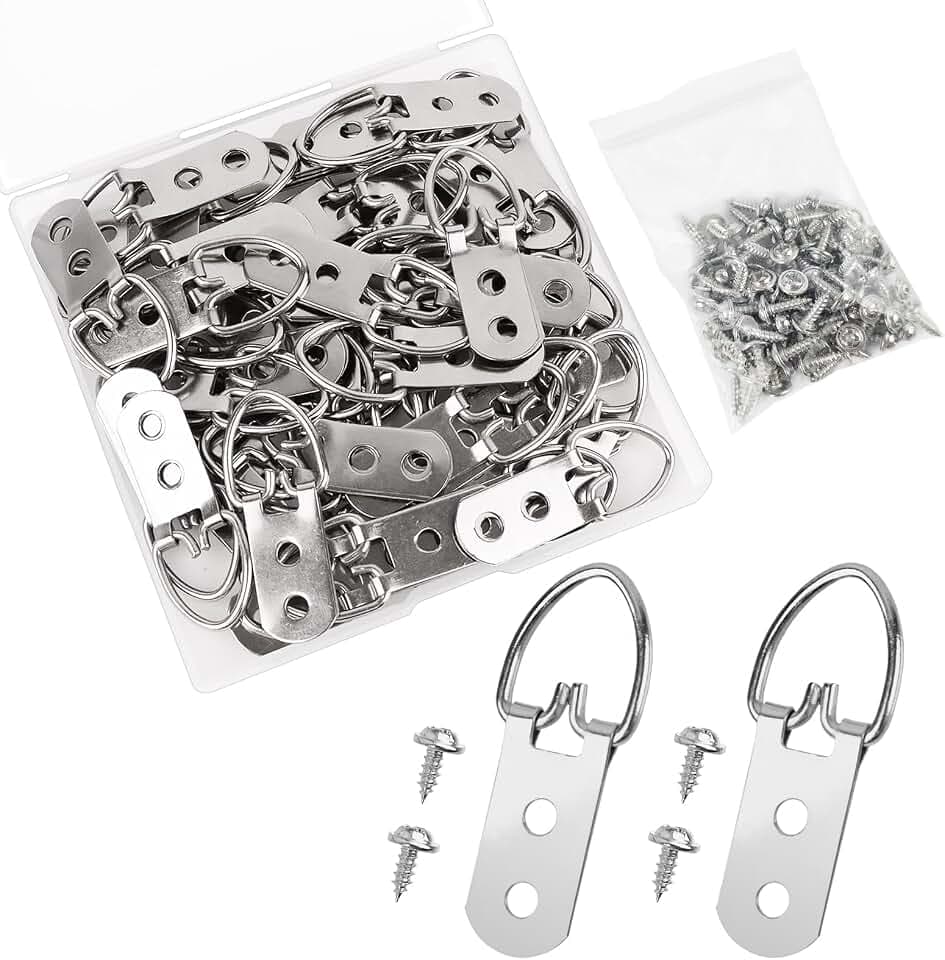 ZUFECY Heavy Duty D Ring Picture Hanging Kit, 50 Pcs Double Hole Metal Hooks with Screws, Frame Hangers for Home Gallery Wall, Photos, Paintings and Decor