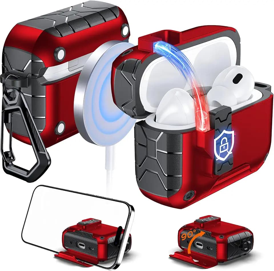 Anqrp MagArmor Auto-Open for AirPods Pro 3rd Gen Case with Built-in Magnets, [One-Press Auto-Open] [Compatible with Mag-Safe Charging], Full-Body MIL-Grade Protective with Air-AL Carabiner Red