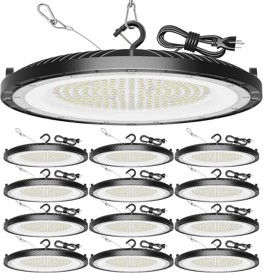 12 Pack High Bay Led Shop Lights - 200W Super Bright Waterproof UFO Led High Bay Light with Plug 5' Cable and Hook Ring, UFO Lights Shop Light for Garage Factory Gym Workshop