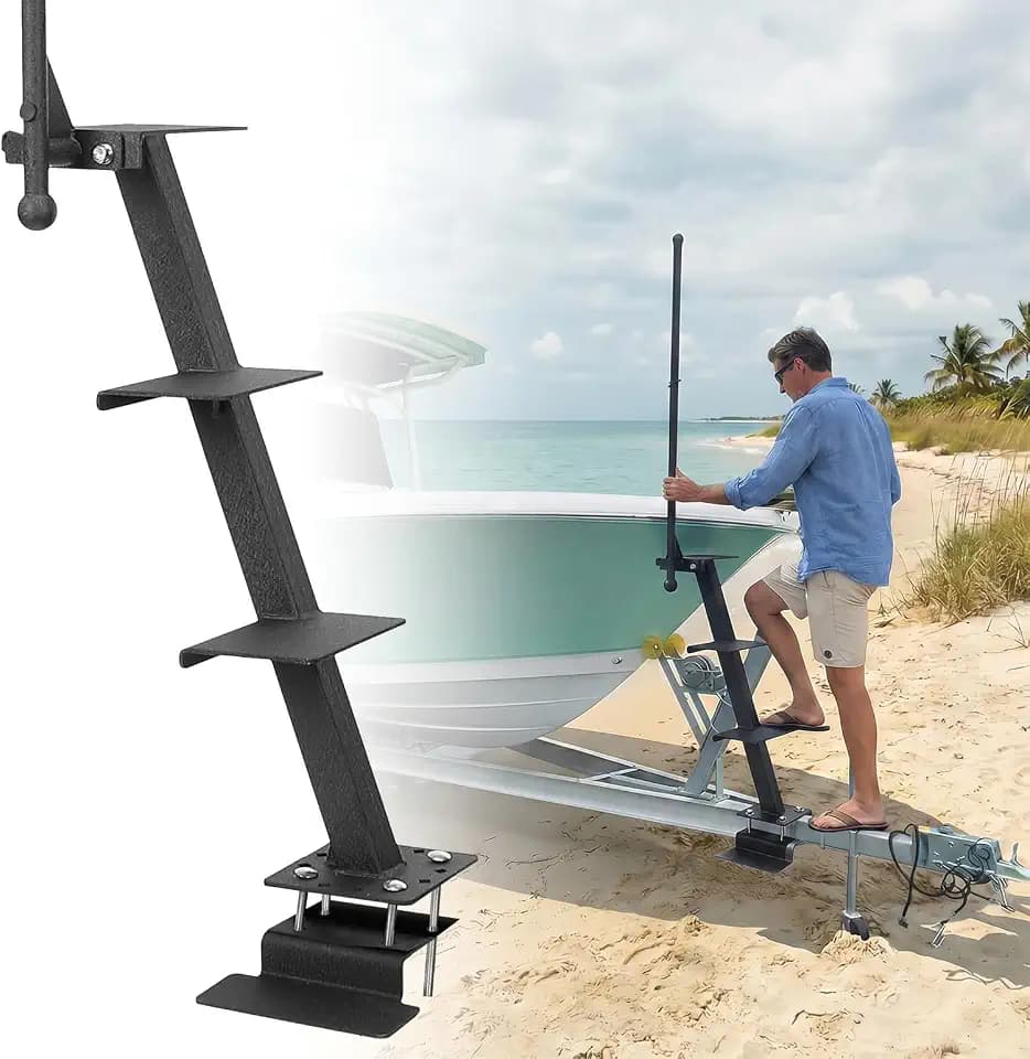 KEMIMOTO Boat Trailer Steps with Handrail, 4 Step Heavy Duty Boat Boarding Ladder for Easy Bow Access, Universal Fit for Bass Boat, Pontoon & Aluminum Trailers, Non-Slip Treads, Rust-Resistant, Black