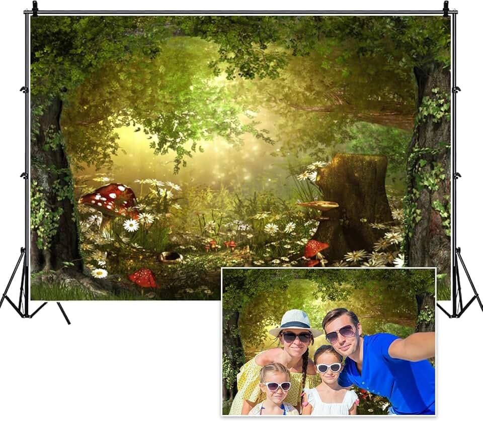 8x6ft Forest Backdrop Tropical Fairytale Woodland Landscape Mushroom Flower Sunshine Natural Scenery Photography Background Adventure Travel Camping Party Studio Photo Props Polyester