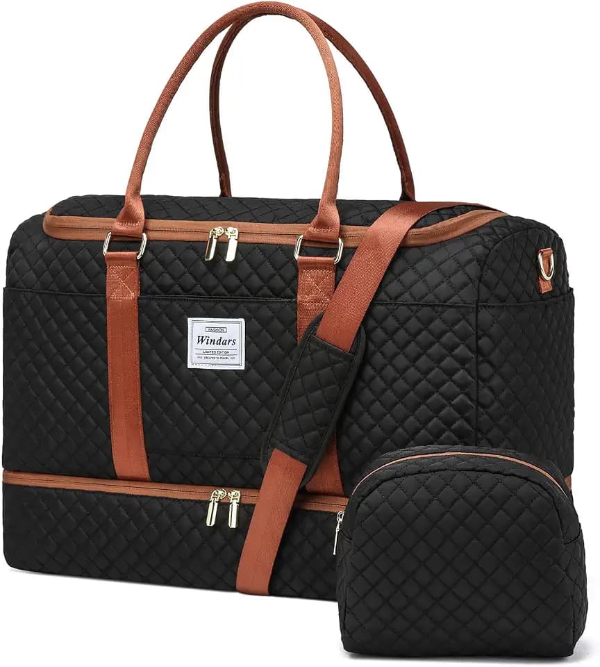 WINDARS Travel Duffle Bag, Weekender Bags for Women with Shoe Compartment, Overnight Bag with Toiletry Bag, Carry On Duffel Bags For Airplanes, Yoga Gym Duffel Bag, Black Brown