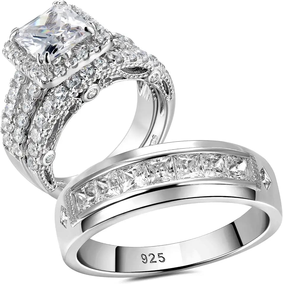 Wuziwen Wedding Wedding Ring Sets for Him and Her Set Princess Promise Ring for Couples Cubic Zirconia Sterling Silver Engagement