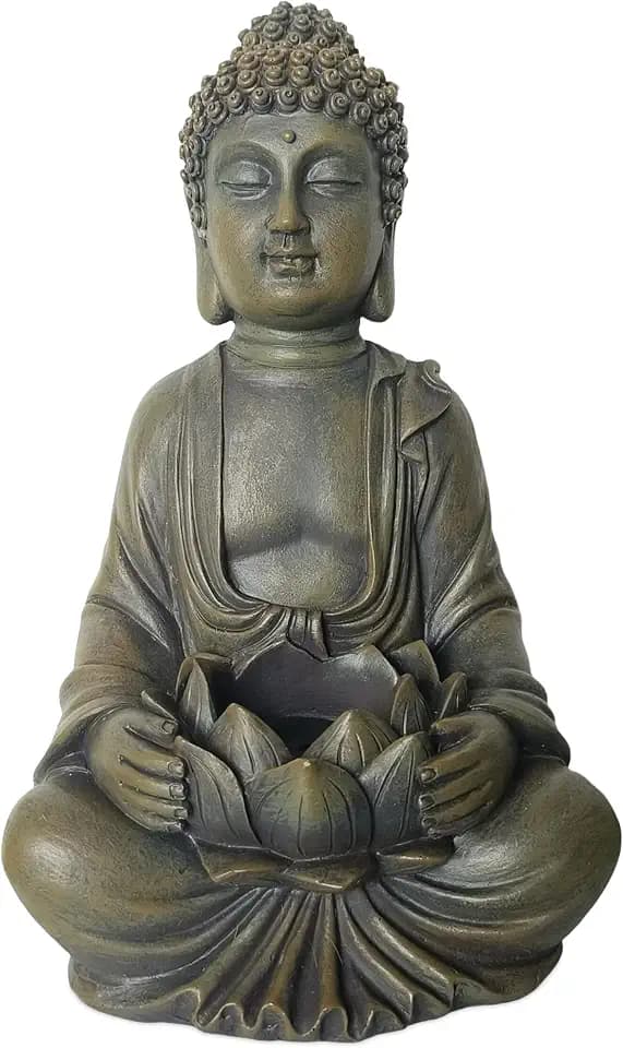 Relaxdays Buddha Figur sitzend, 30 cm, Gartenfigur mit Lotusblume, Bronze