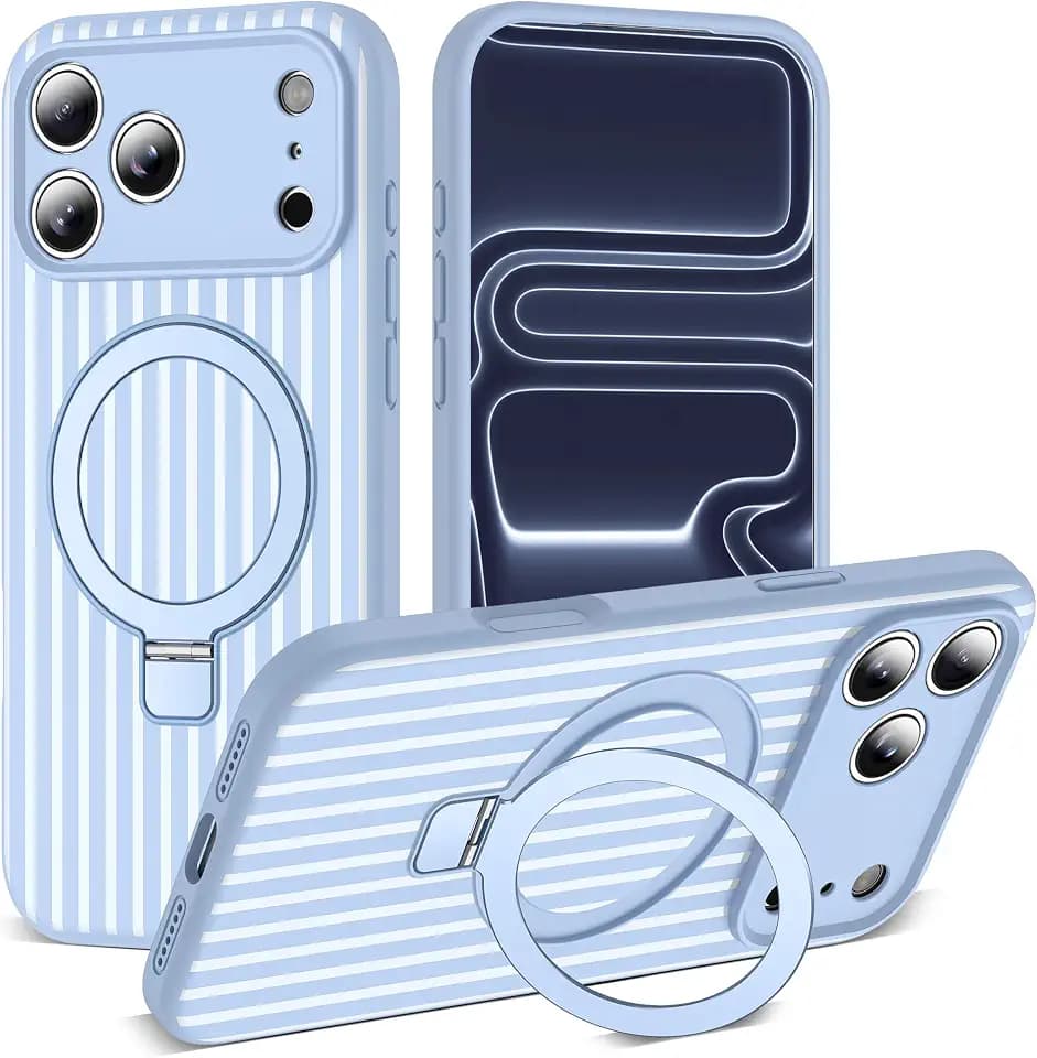 SKYLMW Striped Case for iPhone 17 Pro with Stand,6.3" Blue/White