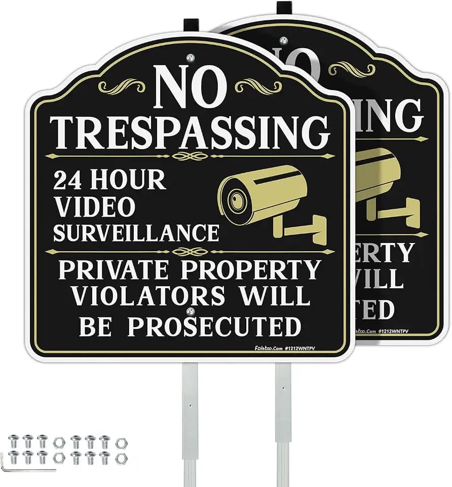 Faittoo No Trespassing Signs Private Property Video Surveillance Sign with 42" Stake, 2-Pack 12"x12" Rust Free Aluminum, Reflective, 2 Pre-drilled Holes, Includes Matching Screws & Wren (White)