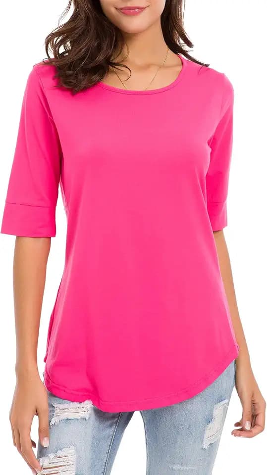 Women's Casual T Shirts Cotton Mid Sleeve Summer Basic Tunics Tee Tops Fashion