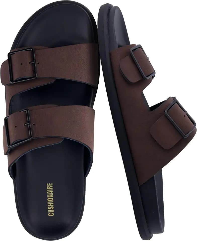 CUSHIONAIRE Alpha 100% Genuine Leather Mens Sandals, Casual Slip On Flat Men Slides with Adjustable Buckles
