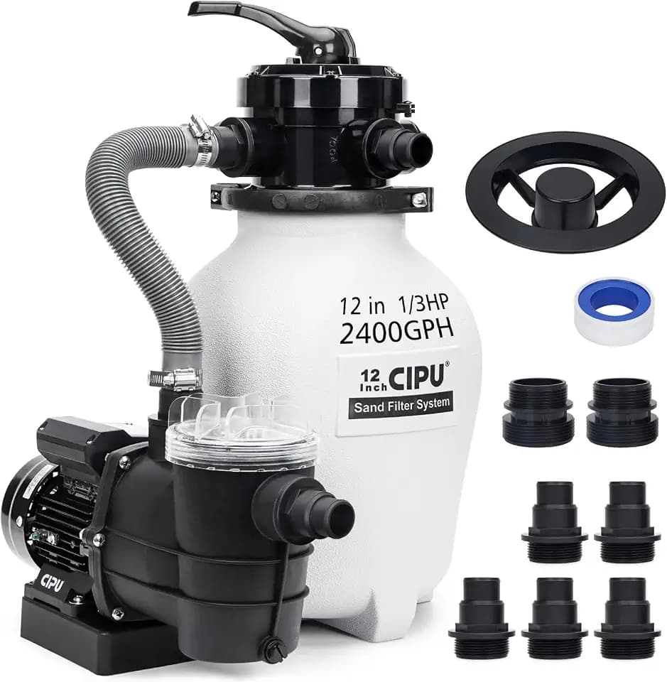 CIPU 12-inch Sand Filter Pump System Handy 4-Way Valve for Above Ground Swimming Pools with Prefilter Pool Pump 115V 6-Foot Cord to Easy Installation SFPS12501