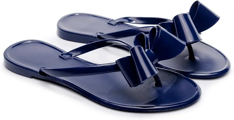 Womens Flip Flops Bow Sandals Jelly Shoes Thong Flats Cute Ladies Beige Slides Waterproof Slip On Summer Beach Dressy Slippers for Walking