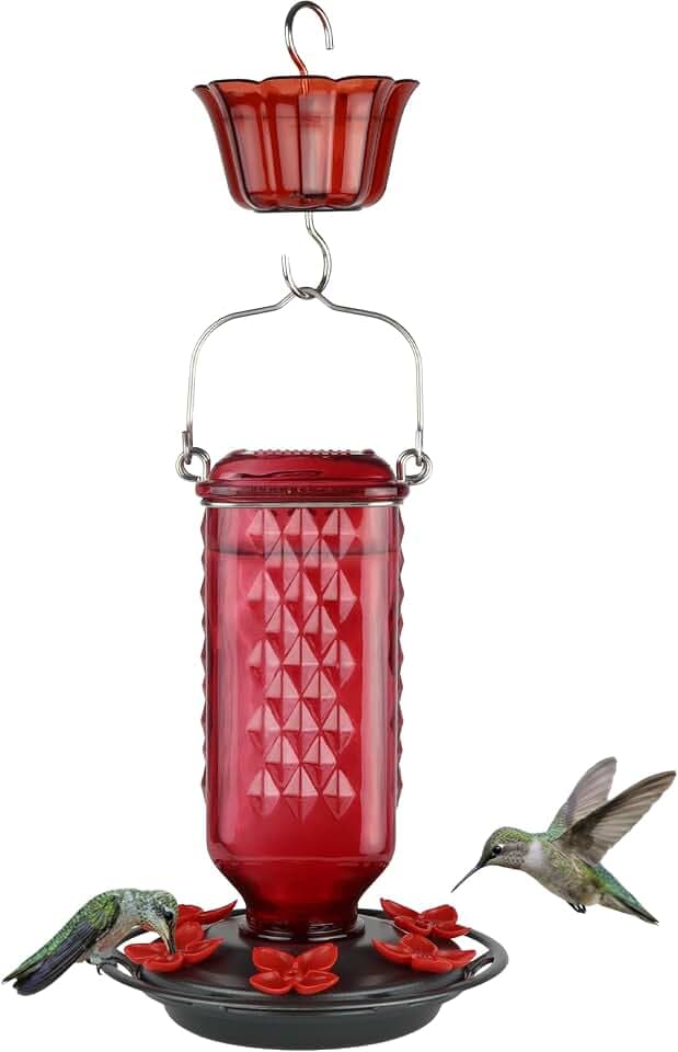 Nature’s Way Poppy Column Antique Red Glass Gravity Hummingbird Feeder with Ant Moat, 23 Ounce Capacity, 6 Flexible Red Lilac Flower Ports, Continuous Perch Ring, Easy-Clean Pewter Plastic Base