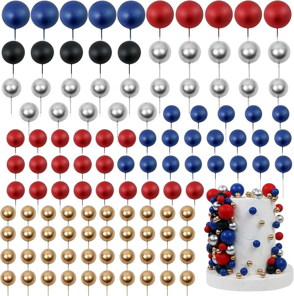 115 PCS Ball Cake Toppers - Mini Balloon Cake Decorations Foam Ball Cupcake Picks DIY Cake Insert Toppers for Birthday Party Wedding Baby Shower (Blue,Red,Black,Silver)