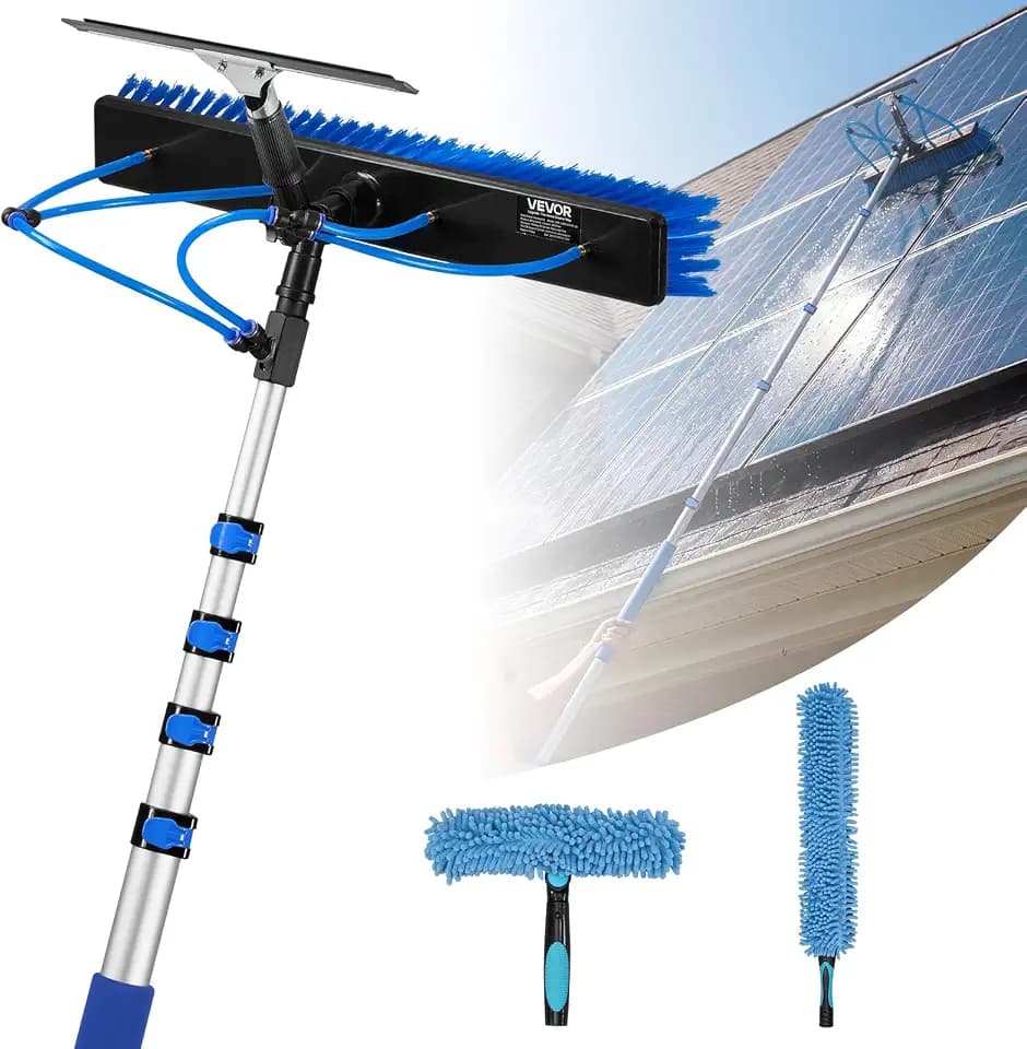 VEVOR 2-in-1 Teleskop Waschbürste für Solarpanel, Photovoltaik Reiniger Set mit 1,2-4,6m Alu-Teleskop 20m Wasseranschluss Abzieher Seifenspender, Reinigungsbürste für Solaranlage Fenster Terrassendach
