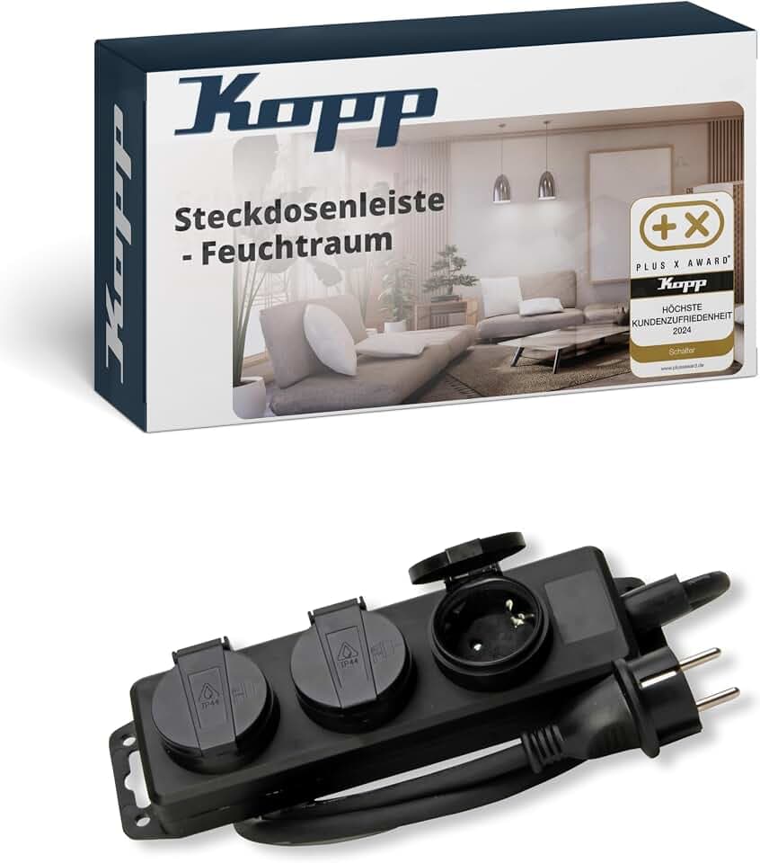 Kopp 3-Fach Feuchtraum-Steckdosenleiste in Schwarz - Robuste Mehrfachsteckdose mit Klappdeckeln & 1,4 Kabel - IP44 spritzwassergeschützt - Anschraubbar & aufhängbar - für 16A & 250V~