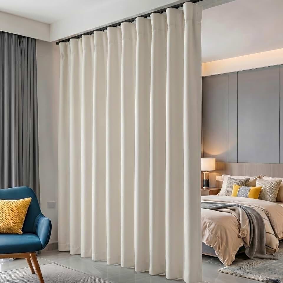 hoeflife Room Divider Curtains Blackout Floor to Ceiling Curtain with Hook Wall Mount Sliding Door Curtains Ceiling Mount Extra Wide Curtain Wall Divider for Room Separation (Beige, W100 x H120 Inch)