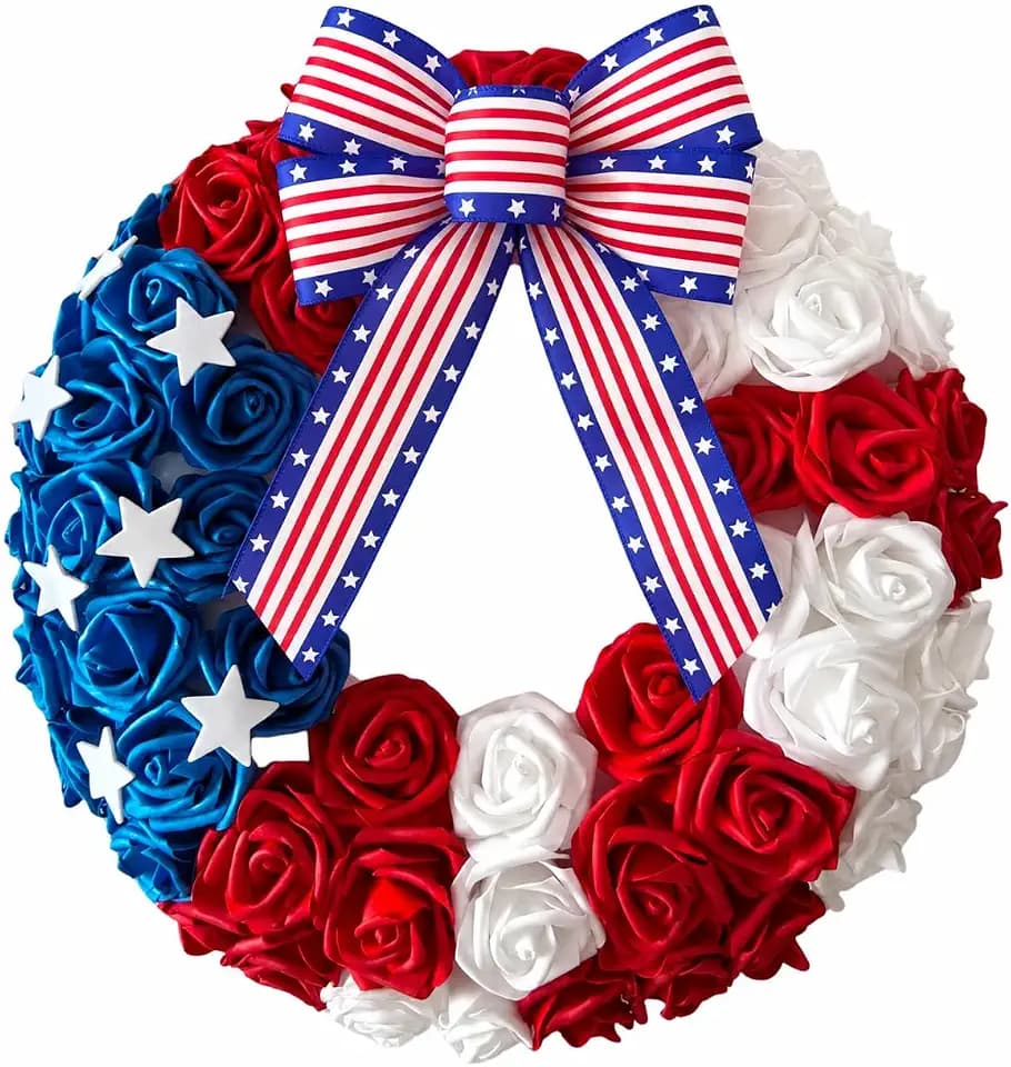 4th of July Wreath for Front Door Patriotic Red White Blue Decor with Bow Independence Day Memorial Day (INP-W3)
