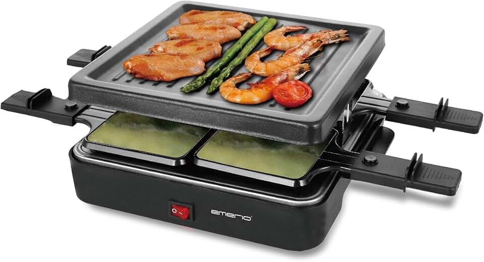 Emerio Raclettegrill,4 Pfannen,Grillplatte antihaft (RG-120656), Schwarz