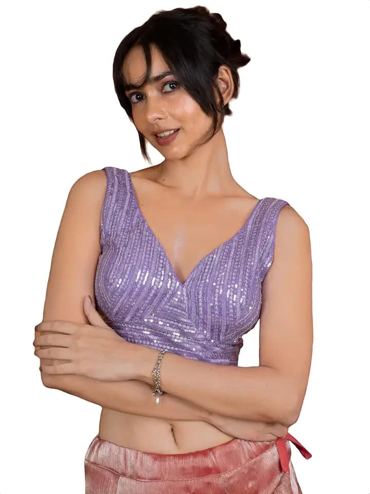 FIGURE'S DESIGNER Women's Sequin Embroidered SabyaSachi Cut Sweetheart V Neck Sleeveless Readymade Saree Blouse E30