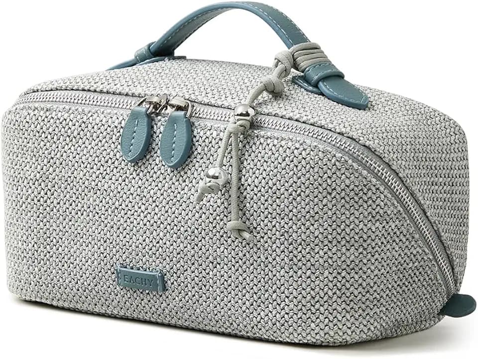 EACHY Travel Makeup Bag, Woven Travel Toiletry Bag, Portable 180° Wide-Open Flat Cosmetic Bags for Women, Large Capacity Makeup Pouch with Divider and Handle