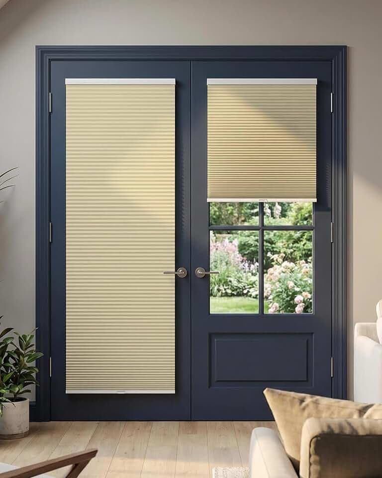 No Drill Blackout Cellular Shades for French Doors, 1 Pack, 25"x70", Beige