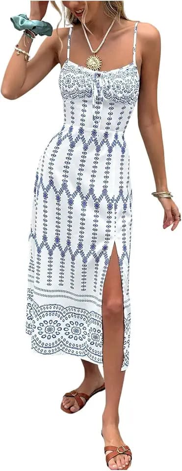 RoseSeek Women's Boho Paisley Print Slit Maxi Dress Spaghetti Strap A Line Long Dress Vacation Outfits