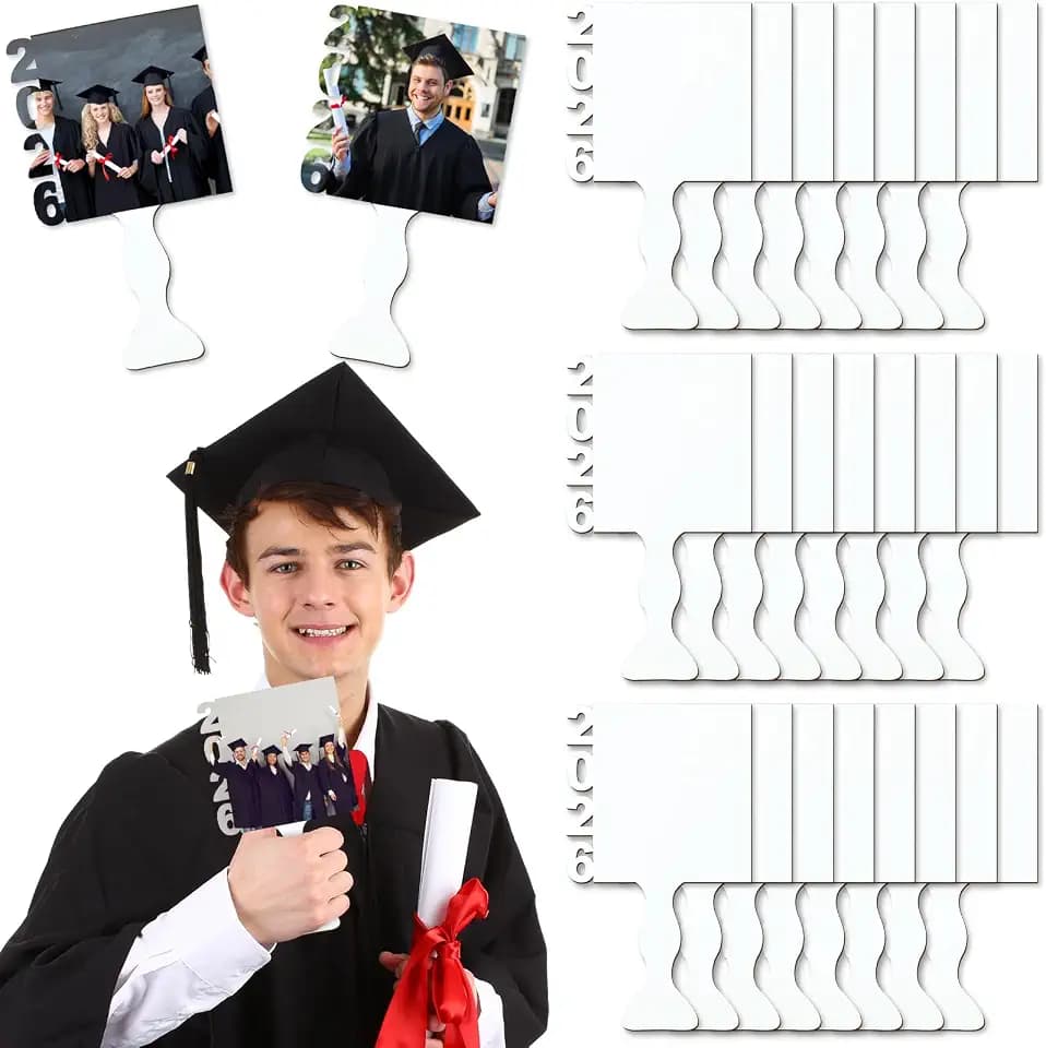 DoubleFill 24 Pcs Sublimation Graduation Fans Blank 4 x 7 Inch Class of 2026 Mdf Sublimation Grad Fans Sign Photo Frame 2026 Graduation Blank Bulk for DIY Photo Gift Picture Frame Ceremony Party Decor