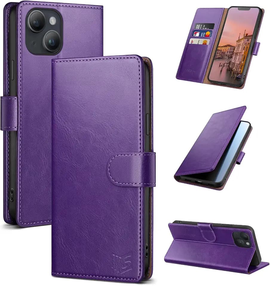SUANPOT Compatible with iPhone 14 6.1" Wallet case with RFID Blocking Credit Card Holder,Flip Book PU Leather Protective Cover Men Women for Apple 14 Phone case Purple Color
