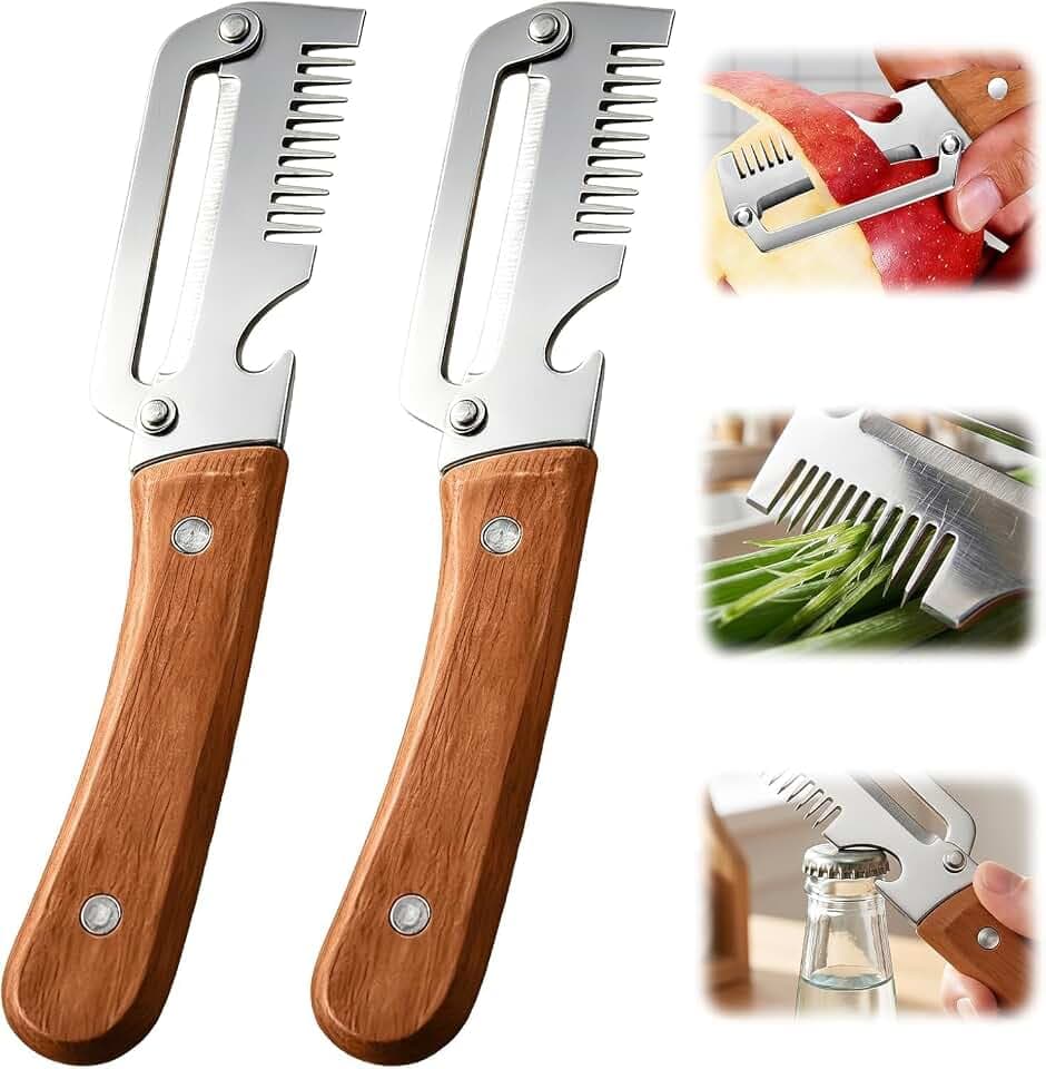 2 Stück Multifunktionaler Gemüseschäler für Küche, 3-in-1 Sparschäler mit Holzgriff, Edelstahlklinge und Flaschenöffner, Zero Flex Küchenhelfer für Obst und Gemüse