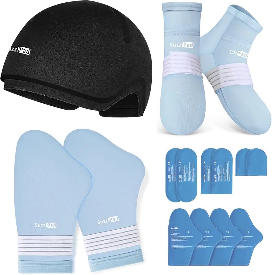 SuzziPad Cold Gloves & Socks & Cooling Cap for Chemo Care Package, Blue, L