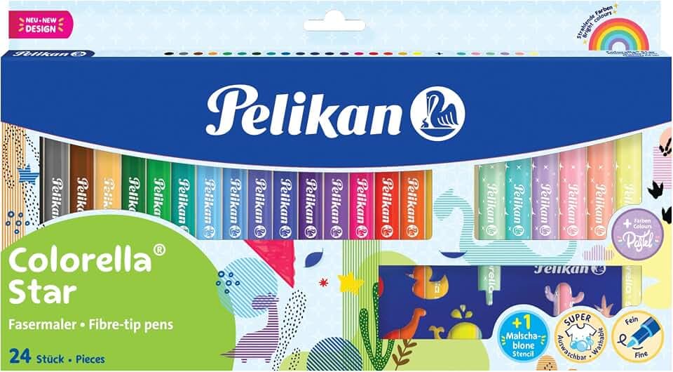 Pelikan Fasermaler Colorella® Star C302, 24 Farben: 18 kräftige + 6 zarte Pastell-Töne, mit Ausmalschablone, 822336