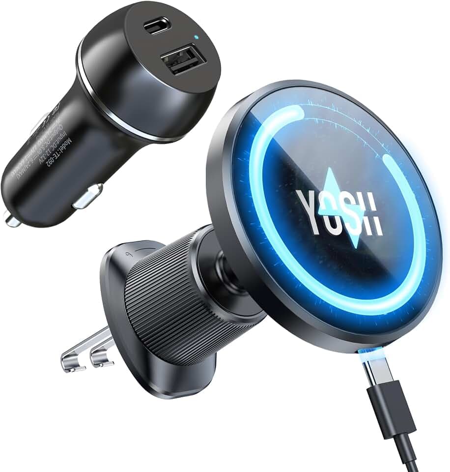 YOSH für Magsafe Autohalterung mit 60W Autoladegerät, [verlängerter Metall-Doppelhaken & N56 Magnete], Handyhalterung Auto für Magsafe Ladegerät Lüftung mit Ladefunktion 15W für iPhone 17-12