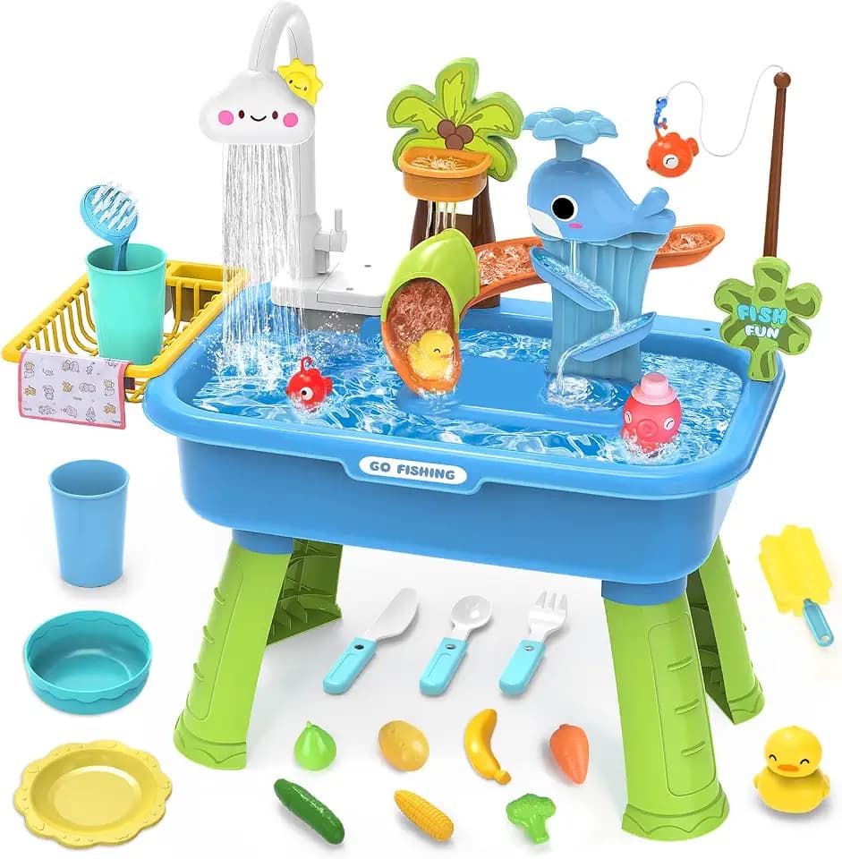 Water Table for Toddlers 1-3 with Electric Water Pump, Sand and Water Table for Kids Ages 4-8 Play Sink with Running Water & Electric Faucet, Role Play Sensory Toys