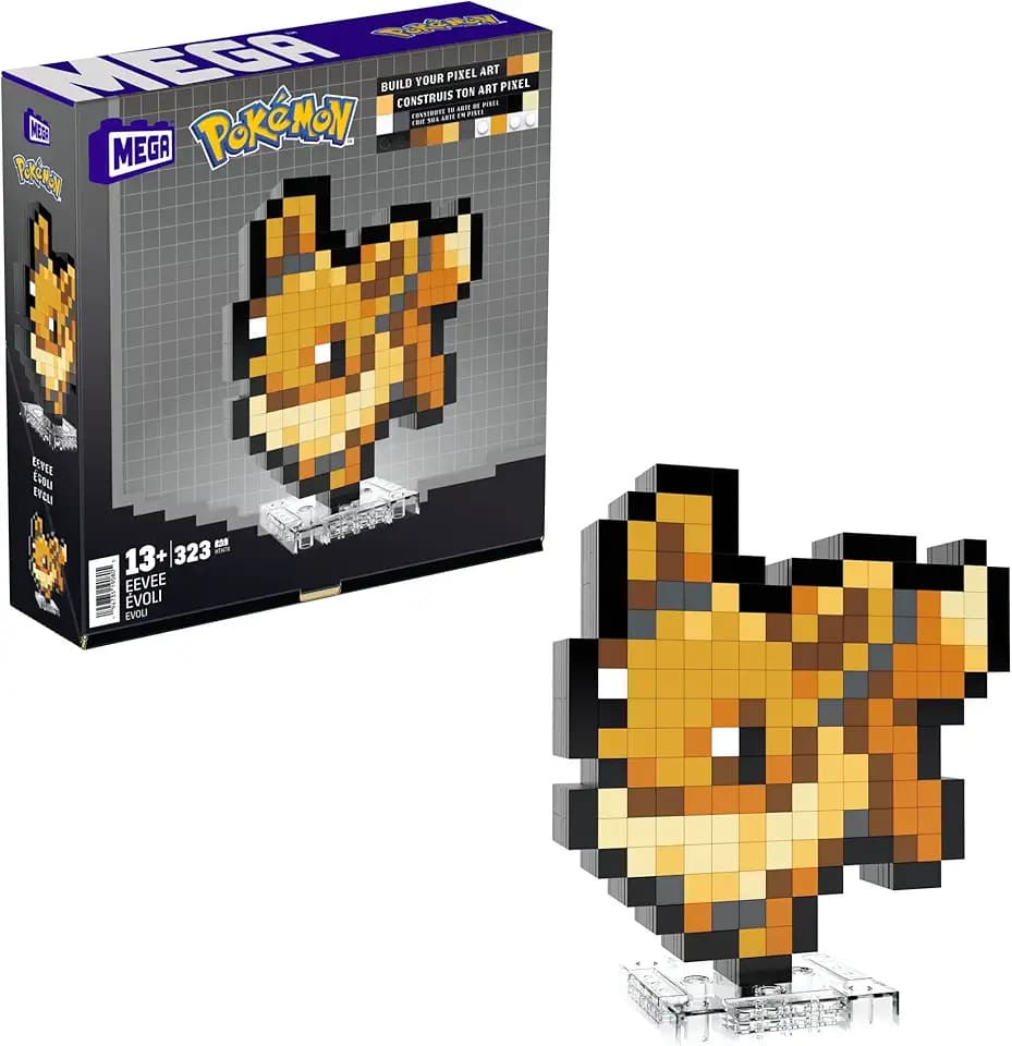 MEGA Pokémon Actionfigur-Bauset, Evoli mit 323 Teilen im Retro-Pixelstil, ideal als Tisch- oder Wanddeko, Spielzeug für Sammler zum Zusammenbauen und Präsentieren, HTH78