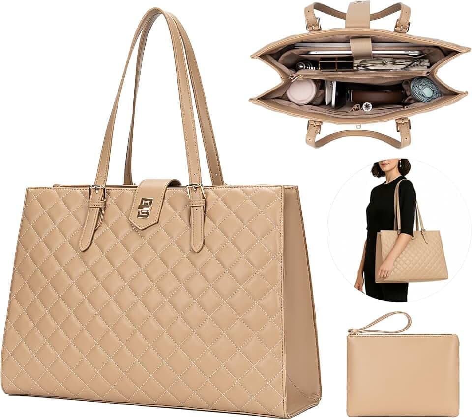BAGOK Quilted Laptoptasche Damen aus PU Leder, Arbeitstasche Shopper Tote, Lehrertasche Nurse Bag, große Kapazität, passend für Laptops bis zu 14 Zoll, für Büro, Uni und Alltag