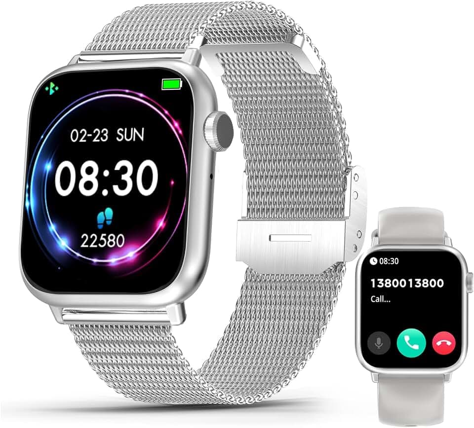 Smart Watch Damen Herren mit Telefonfunktion, 1.83 Zoll Fitnessuhr mit Blutdruckmessung Pulsmesser Schrittzähler Uhr Schlaftracker Sportuhr Digital Damenuhr Silber für iOS Android