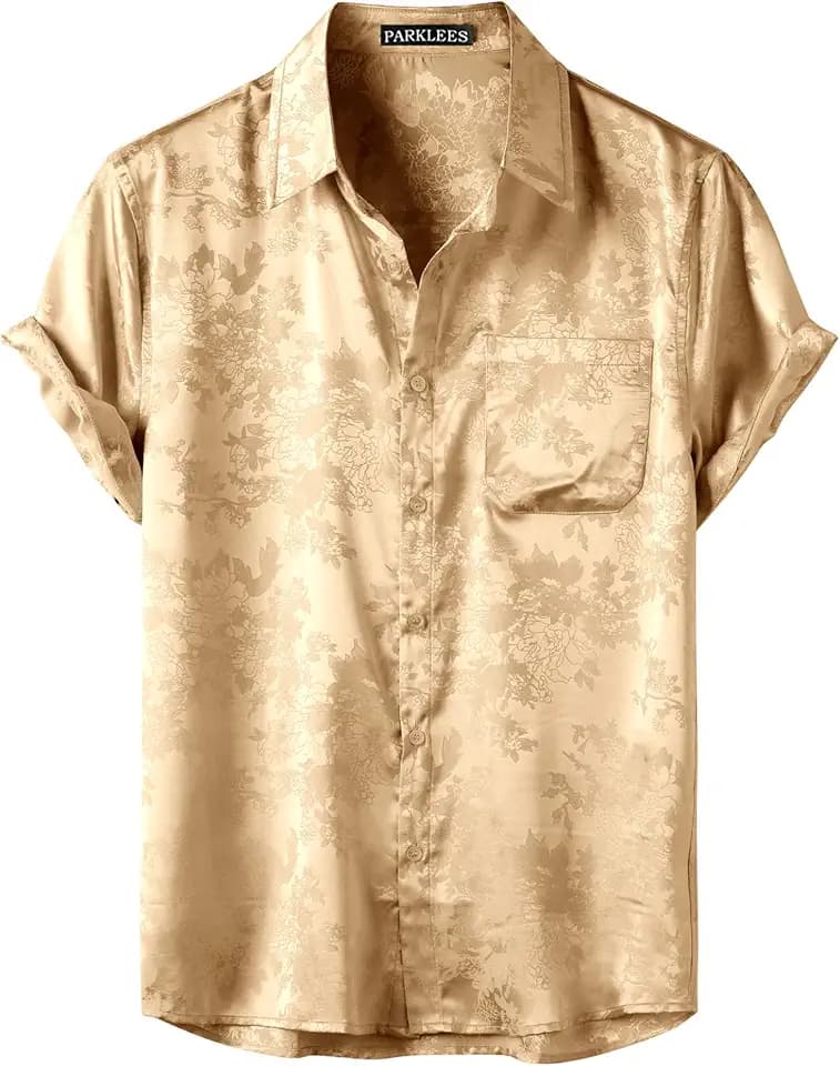 PARKLEES Herrenhemd, Seidensatin, glänzend, Jacquard, Sommer, kurzärmelig, luxuriös, Freizeit, Blumenmuster, Button-Down-Shirt