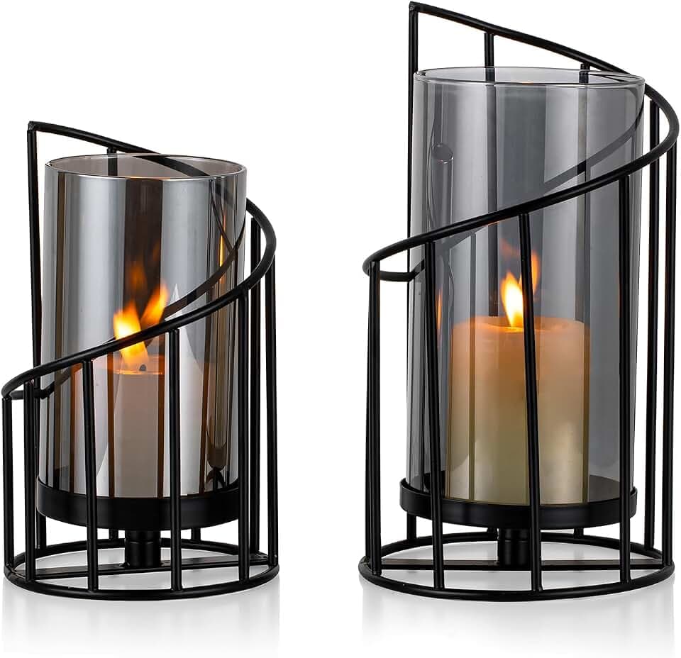 2er Set Windlicht Outdoor, Kerzenständer Metall Schwarz