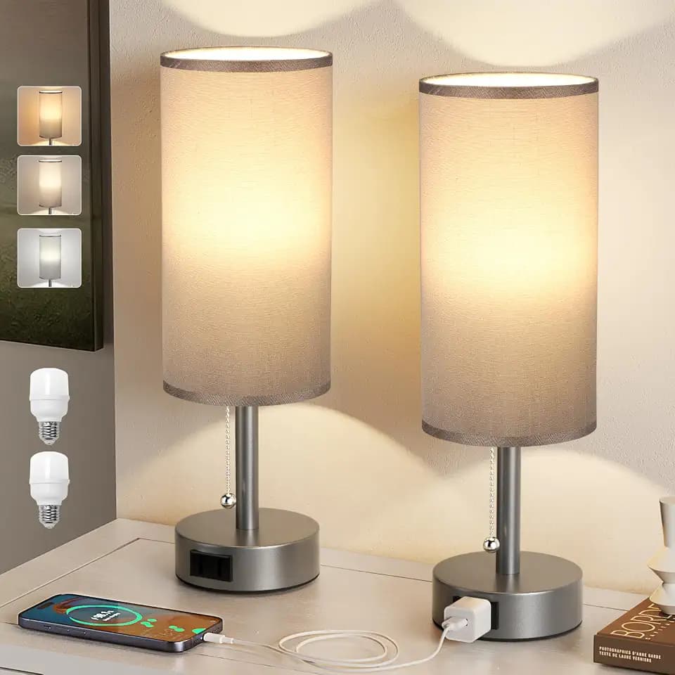 Dark Grey Bedside Table Lamps Set of 2 - Bedroom Lamp for Desk, AC Outlet
