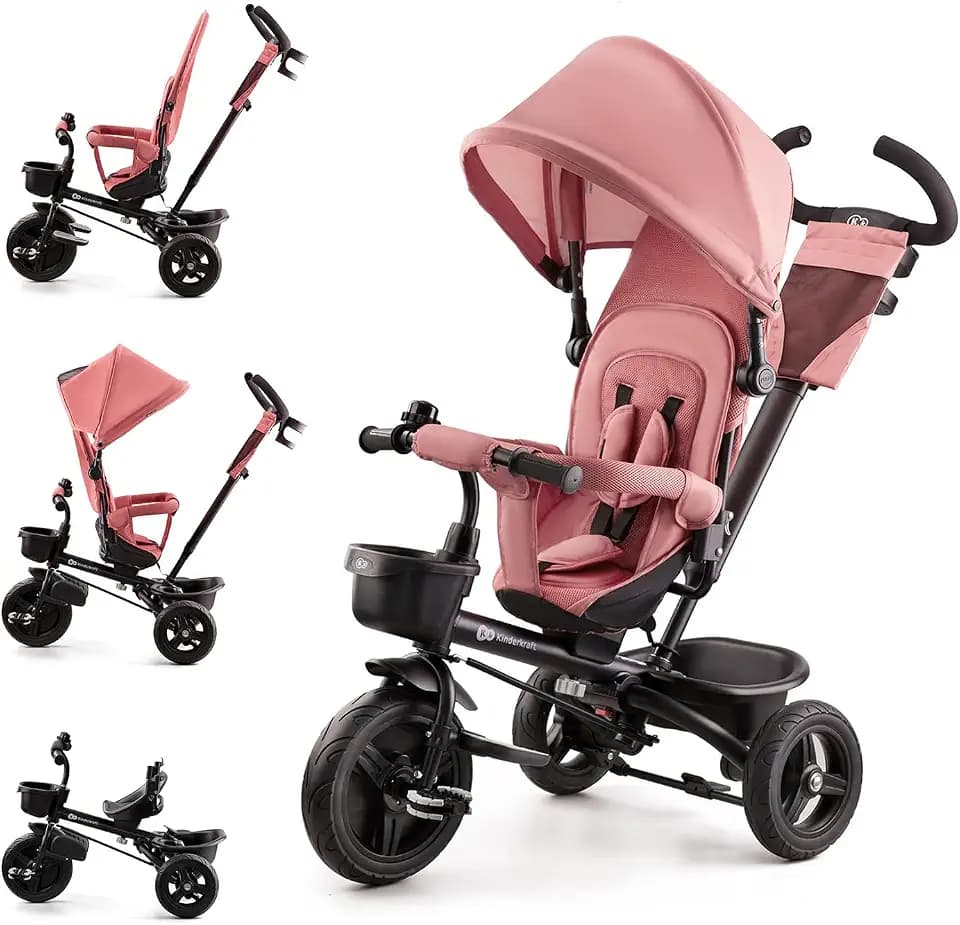 Kinderkraft Aveo Dreirad ab 9 Monaten bis 25 kg, Kinderdreirad mit Schubstange, kompakt zusammenklappbar, drehbarer Sitz, ausklappbares Verdeck mit Sonnenschutz, inkl. Getränkehalter und Korb, Rosa