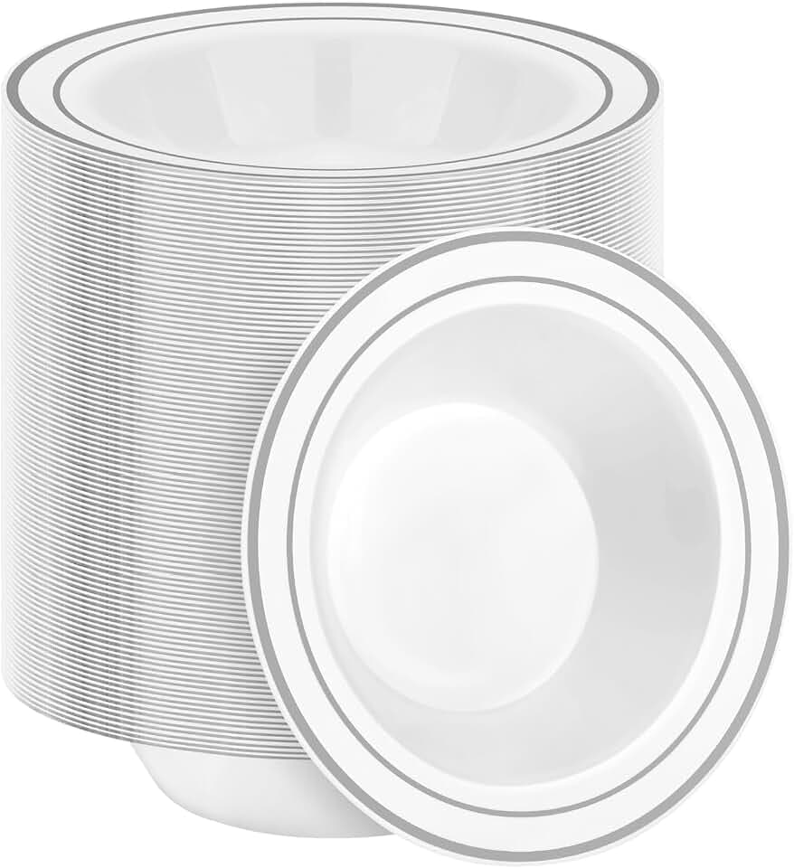 BESTSTAR 200 Pack Disposable Soup Bowls with Silver Rim