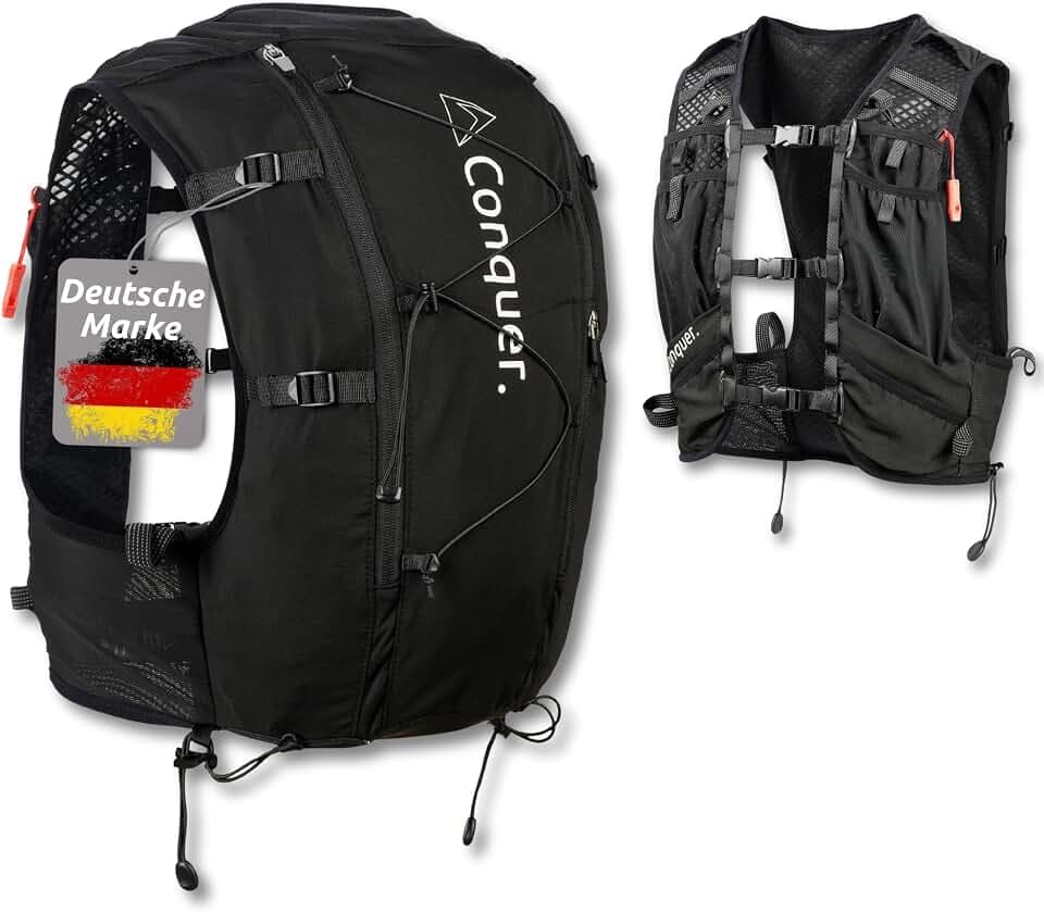 Conquer. Laufweste 15L mit 2L Trinkblase – Damen & Herren Trailrunning Rucksack mit Trinksystem | Laufrucksack für Marathon, Langstrecke & Joggen | Hydration Vest