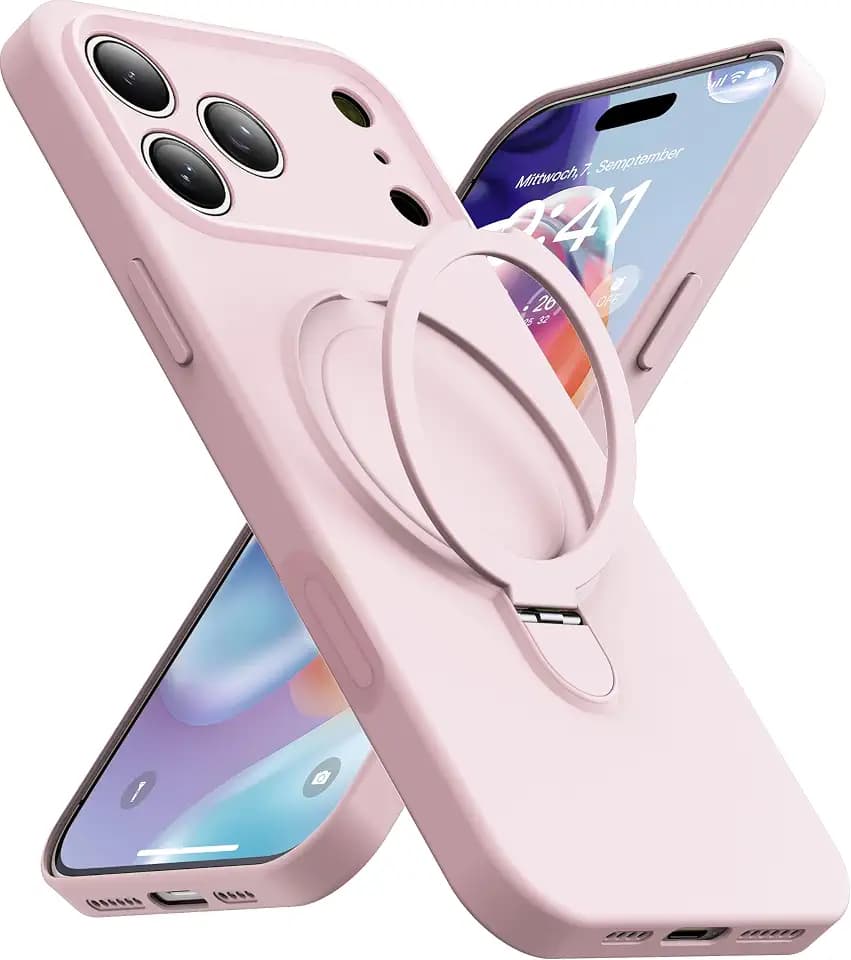 Magnetic Stand for iPhone 17 Pro Case, Liquid Silicone, [Compatible with MagSafe][Built-in Kickstand&Ring Holder] Anti-Scratch Soft Microfiber Lining, Light Pink