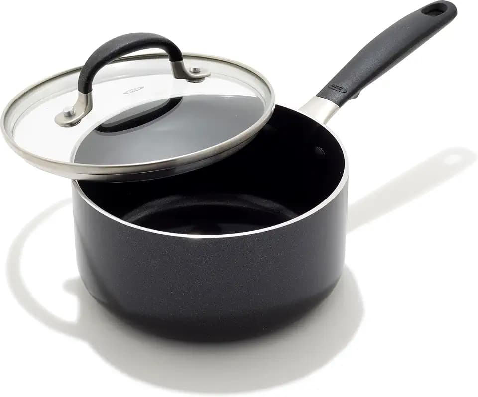 OXO 1.6QT Non-Stick Every Day Sauce Pan with Glass Lid, BPA-Free Comfort Grip Silicone Handle, Dishwasher & Oven Safe, PFAS-Free Ceramic Skillets, Sauce & Soup Chef Pot, Drip-Free, Black