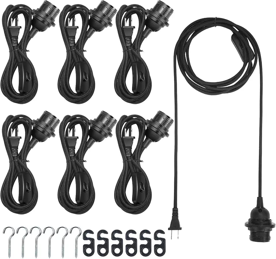 Hortsun 6 Pack Pendant Light Cord E26 E27 Socket with Switch, 12 ft, Black