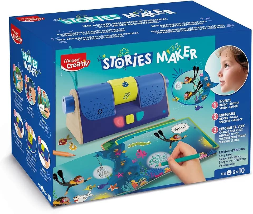 Maped CREATIV – 907078 Geschichten-Machine STORIES MAKER – Schöpfer von Geschichten, Zeichnen, Erfinden und Aufzeichnen von Geschichten – mit Stimmverzerrer und mehr als 200 Stickern