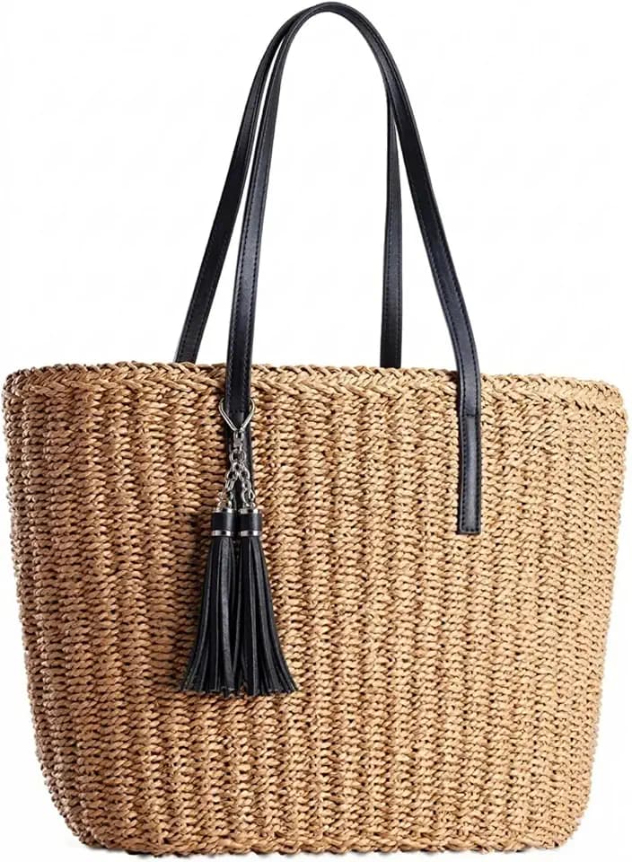 YXILEE Straw Bags For Women | M Size Travel Straw Totes Bag Woven Summer Handmade Shoulder Bag Handbag