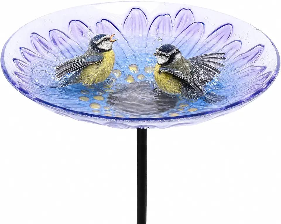MUMTOP Bird Baths for Outdoors, Glass BirdBaths Metal Stake for Lawn Decor